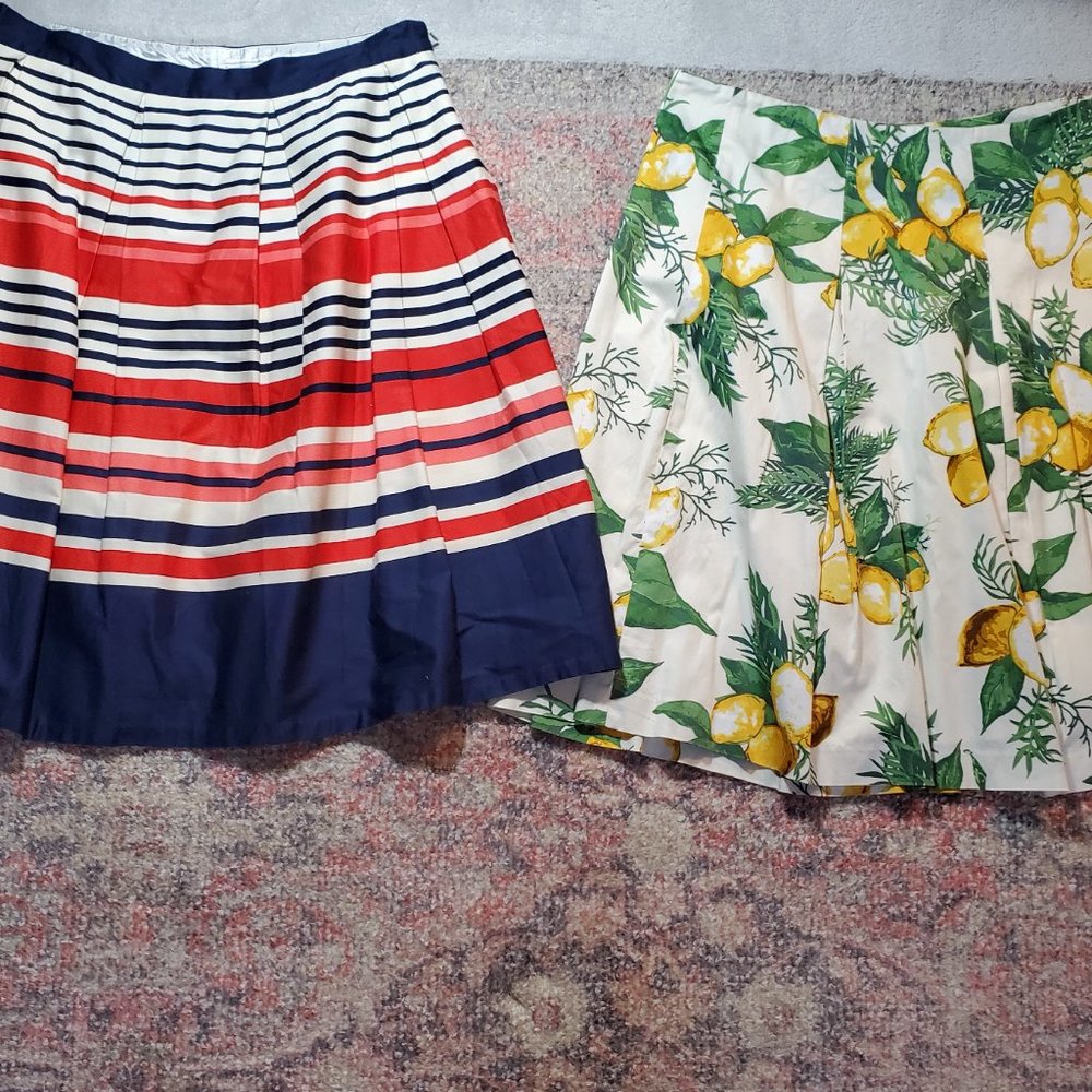 Lot of 2 Lined Skirts. Lemon skirt is size 16. Striped skirt is size XL.
